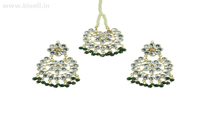 Designer Maang Tikka And Pair Of Earring With Dark Green Pearls by shipgig